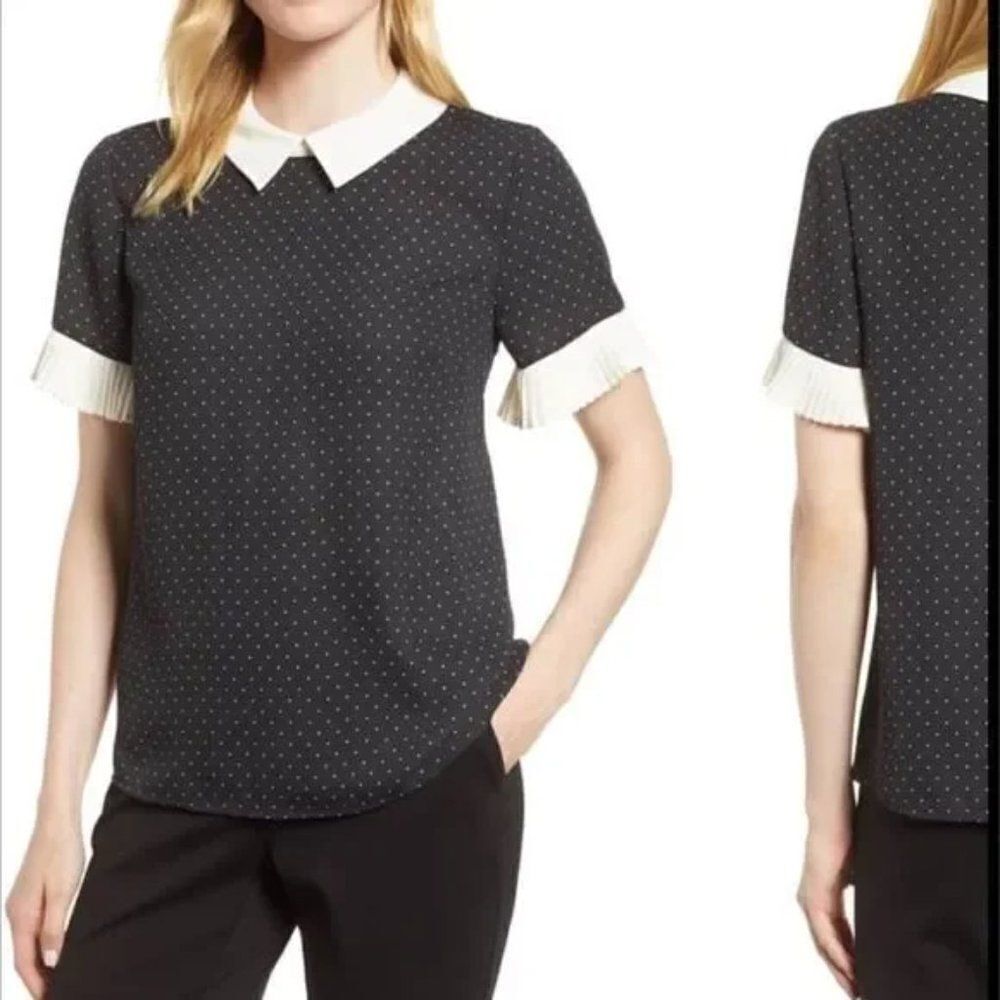 CeCe | Pleat Sleeve Polka Dot Blouse - size XS in Black